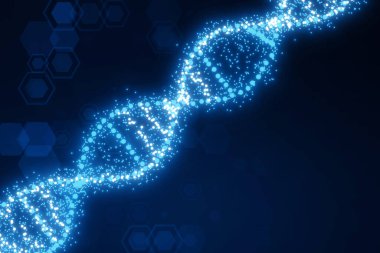 Bulanık mavi dokuda parlayan DNA sarmalı. Tıbbi ve kalıtsal genetik sağlık konsepti. Teknoloji bilimi. 3B Hazırlama