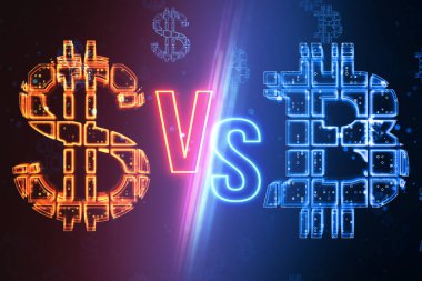Sayısal dolar ve bitcoin işaretleriyle siber punk vs kırmızı ve mavi renklerle parlıyor. 3B Hazırlama