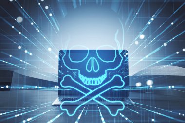 Geniş bir kafatası ve çapraz kemikleri gösteren, siber güvenlik tehditlerini ve internet tehlikelerini sembolize eden kavramsal bir resim