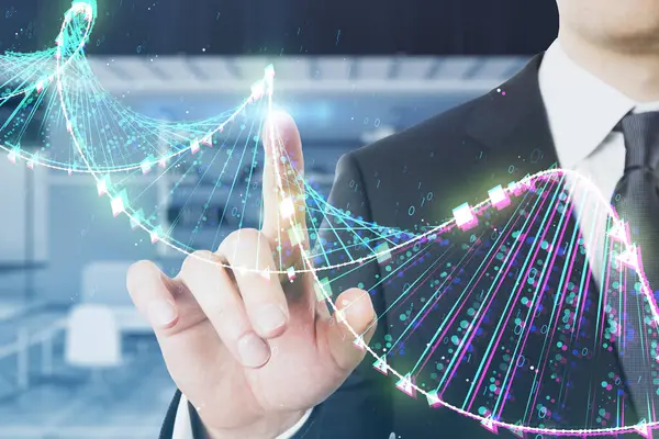 stock image Image showcases a man engaged with a visually striking DNA helix hologram, symbolizing biotechnology