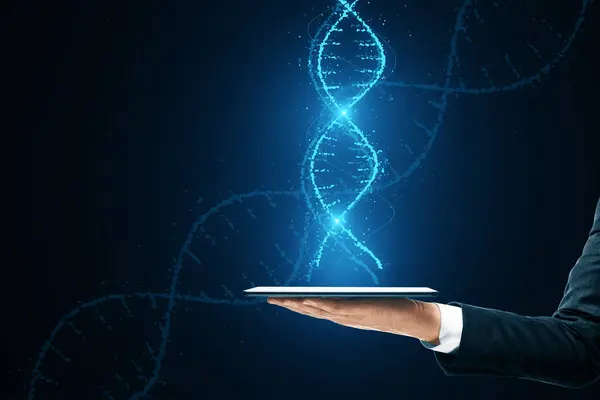 Stock image DNA sequence concept with a glowing digital DNA helix being presented from a digital tablet screen