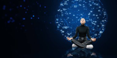 Yoga pozisyonunda yerde oturan Avrupalı kadını, koyu bulanık arka planda parlayan çokgen hologramla, sahte bir mekanla meditasyon yapıyor. Dünya haritası, bağlantı ve dünya kavramı