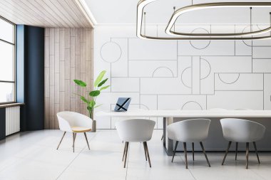 Grafik duvar tasarımlı modern yemek odası, beyaz masa ve sandalyeler, ahşap duvar ve zemin, yaratıcı iç mekan konsepti. 3B Hazırlama