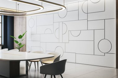 Geometrik duvar tasarımı, ahşap aksanlı modern bir yemek odası ve arka planda minimalizmi sembolize eden çağdaş mobilyalar. 3B Hazırlama