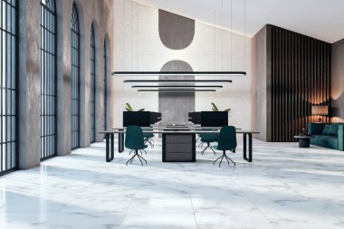 Modern bir ofis tasarımı mermer zemin, tuğla duvar ve arka planda siyah mobilya ile profesyonel bir işyeri konsepti. 3B Hazırlama