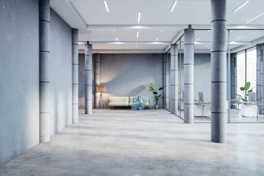 Boş, ferah bir odası, beton duvarları ve sütunları ve çağdaş çalışma alanını gösteren minimalist mobilyaları olan modern bir ofis tasarımı. 3B Hazırlama