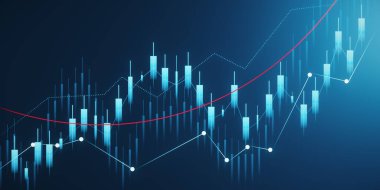 Yükselen ve düşen şamdan çubukları ve koyu mavi arka planda eğilimli bir dijital finans tablosu, borsa analizi kavramı. 3B Hazırlama