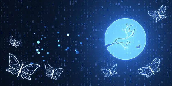 stock image Creative binary coding backdrop with nature and butterflies. AI art and innovation concept. 3D Rendering