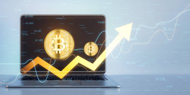 Yükselen finansal grafiklere sahip altın bir Bitcoin 'i gösteren, kripto para birimi büyümesini gösteren, açık mavi bir dijital fon, yatırım ve finans kavramına sahip bir dizüstü bilgisayar. 3B Hazırlama