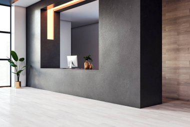 Modern ofis lobisi resepsiyon masası, minimalist iç tasarım, ahşap ve beton elementler, temiz iş alanı kavramı. 3B Hazırlama