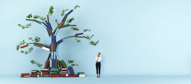 Renkli kitaplardan yapılmış bir ağacın çizimi. Bir kişi ona bakıyor, açık mavi bir arkaplan, bilgideki büyümeyi simgeliyor.