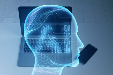 Bilgisayarın ve akıllı telefonun üst görüntüsü masasında bulanık arkaplanda yaratıcı ai kafa hatları var. Yapay zeka ve yenilik kavramı. Çift pozlama