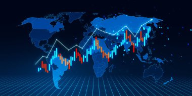 Finansal büyüme ve küresel ticaret kavramlarını ön plana çıkaran dijital bir dünya haritası zemininde yükselen bir şamdan grafiği ile canlandırılan eski pazar verileri. 3B Hazırlama.