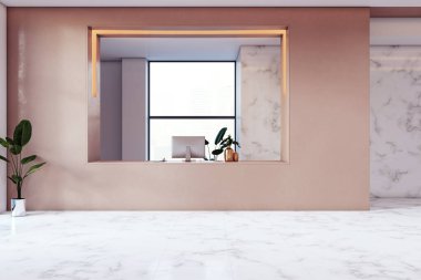 Modern ofis içi pencereden görülüyor, bilgisayarlı bir masa, mermer ve terracotta arka planında temiz bir tasarım, şık bir iş yeri konsepti. 3B Hazırlama