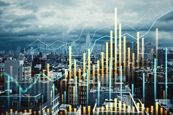 stock image A double exposure image showcasing financial graphs overlaid on a cityscape under a cloudy sky. The picture emphasizes business growth and market trends conceptually