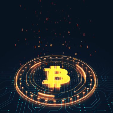 İkili kodlarla çevrili parlayan bir Bitcoin sembolü, karanlık bir dijital matris arkaplanına karşı ayarlanmış. Dijital para birimi ve engelleme teknolojisi kavramı. 3B Hazırlama.