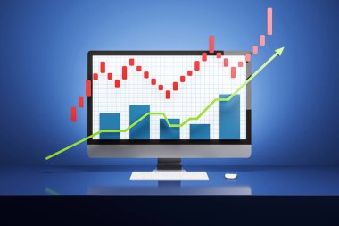 Bir bilgisayar ekranında kırmızı şamdanlar, mavi çubuklar ve yeşil yukarı doğru eğilimli bir borsa grafiği yer alıyor. Arkaplan, piyasa büyümesi ve yatırım kavramını vurgulayan mavidir. 3B Hazırlama