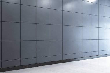 Empty gray tiled wall in a modern room with a reflective floor. Minimalist design and simple background for presentations or branding. 3D Rendering clipart