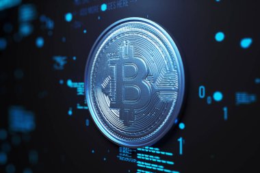 Dijital arka planda karmaşık detaylarla hazırlanmış üç boyutlu bir Bitcoin sembolünün yakın plan görüntüsü. Kripto para ve dijital finans kavramı. 3B Hazırlama