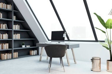 Şık bir bilgisayar masası, kitap rafları ve geniş bir penceresi olan modern bir ofis. Minimalist tasarım ve çağdaş tarz. 3B Hazırlama