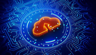 Orange cloud technology icon surrounded by digital circuits on a blue background. Represents modern data storage and security concepts. 3D Rendering clipart