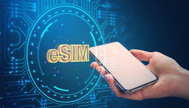 ESIM technology illustration with a smartphone in hand, featuring a digital holographic interface in blue background, illustrating digital transformation concept clipart