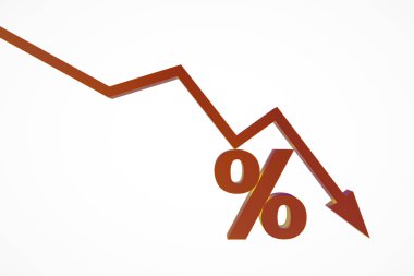 Kırmızı aşağı doğru ok ve beyaz arka planda bir yüzde işareti, finansal kriz, piyasa durgunluğu veya borsa çöküşünü gösteriyor. 3B Hazırlama