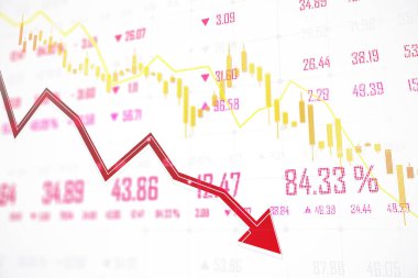 Borsa çöküş çizelgesi, kırmızı ok ve beyaz arka planda finansal veriler. Finansal kriz ve piyasa durgunluğu kavramı. 3B Hazırlama