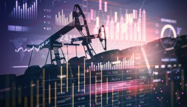 Finansal grafikleri ve grafikleri olan petrol platformu, çifte pozlama tarzı, dijital arayüz arka planı. Petrol pazarı ve enerji ticareti kavramı