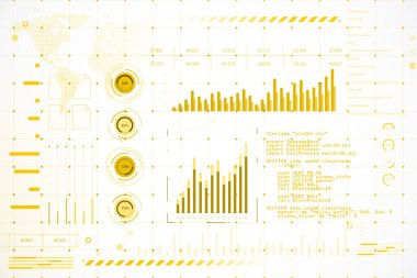 Haritalar, grafikler ve kodlarla dijital arayüz. Temiz beyaz arka planda modern grafik tarzı. Veri analizi kavramı. 3B Hazırlama