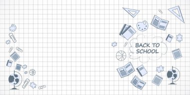 Grafik kağıdında çeşitli kırtasiye simgeleri ve Okula Dönüş metninin yer aldığı pankart. Eğitim ve okul malzemeleri kavramı. 3B Hazırlama