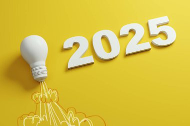 Ampul ve 2025 metni sarı arka planda yaratıcı çizgiler. Yenilik kavramı, yeni fikirler ve gelecek fırsatlar. 3B Hazırlama