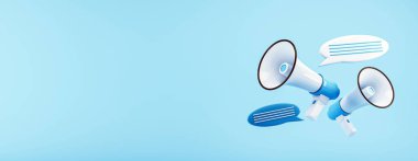 Two megaphones with speech bubbles on a light blue background. Concept of communication and advertising. 3D Rendering clipart