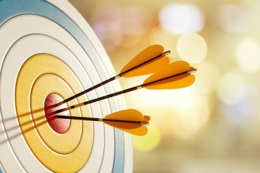 Dartboard with three arrows hitting the bullseye, closeup on a blurred background. The concept of accuracy, aim, and goal achievement. 3D Rendering clipart