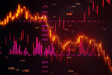 Financial chart with red and orange bars on a dark background. Concept of market crash, recession, and falling stock index. 3D Rendering clipart