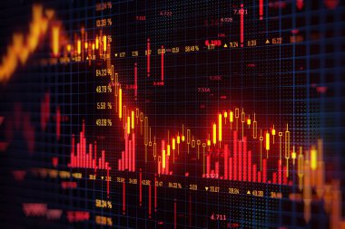 Stock market chart with falling trends and financial metrics displayed on a digital screen, depicting a financial crisis and recession. 3D Rendering clipart