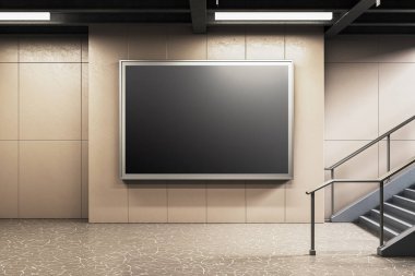 Blank black billboard in a modern interior subway station next to stairs with metal railings, grey tiled walls and floor. 3D Rendering clipart