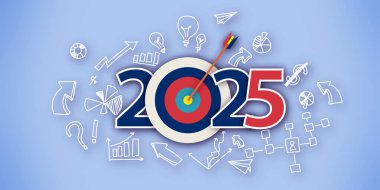 A design showcasing the year 2025 with target imagery, creative graphics, and a blue background, concept of business goals. 3D Rendering clipart