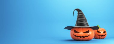 Two Halloween pumpkins, one with a witch hat, on a blue background. Pumpkin faces are carved with menacing expressions. Halloween concept. 3D Rendering clipart