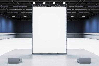 Blank presswall setup in a modern exhibition hall, framed by metal supports and lights above. Clean, minimalistic interior design. 3D Rendering clipart