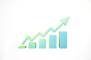 A 3D bar chart with an upward arrow representing business growth, isolated on a white background. Concept of success and development. 3D Rendering clipart