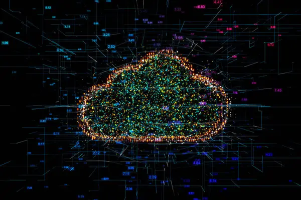 Tam veri depolama, toplanan bilgi konsepti ve bulut sembolü tamamen karanlık teknolojik arka planda renkli grafik noktalarıyla boyanmış. 3B görüntüleme