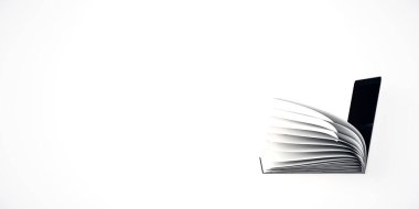 Open book pages blending seamlessly with a digital tablet on a white background, symbolizing the fusion of technology and knowledge. 3D Rendering. clipart