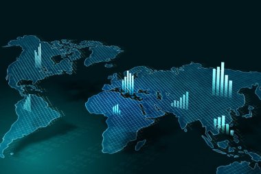 Dijital grafik dünyası haritasına perspektifli dünya ekonomisi kavramı ve tüm kıtalardaki finansal grafikler karanlık arka planda. 3B görüntüleme
