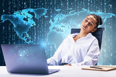 Woman sleeping at desk with laptop, holographic world map, and binary code in blue background. Concept of technology, data, and fatigue clipart