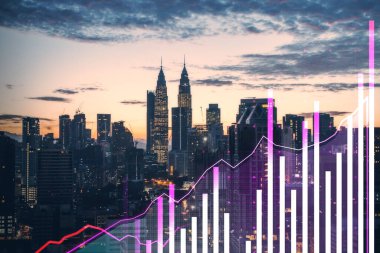 City skyline at dusk with a glowing financial chart overlay, showcasing growth and trading data. Evening background, business concept clipart