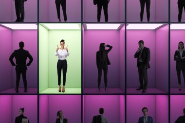 Businesswoman in a green-lit box showing thumbs up, surrounded by people in pink-lit boxes. Bright background. Concept of leadership and success clipart