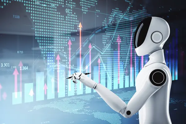 Robot parlayan finansal grafiklerle, fütüristik dijital arayüzle, dünya haritası arka planıyla, modern teknolojiyle, fintech konseptiyle etkileşime geçiyor. 3B Hazırlama.