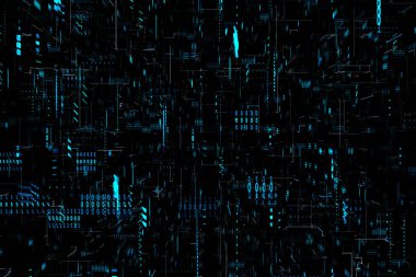 Abstract dark technological background with big data visualization and binary code. 3D rendering clipart