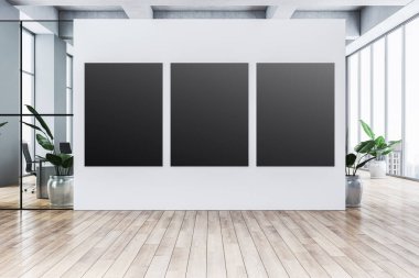 Blank black posters on a white wall in a modern office interior with wooden flooring, glass partitions, and plants. Concept of mockup. 3D Rendering. clipart